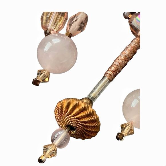 Vintage Pink Agate gold Swarovski Crystal hand beaded festoon style 5”x 2” pin - Picture 9 of 13